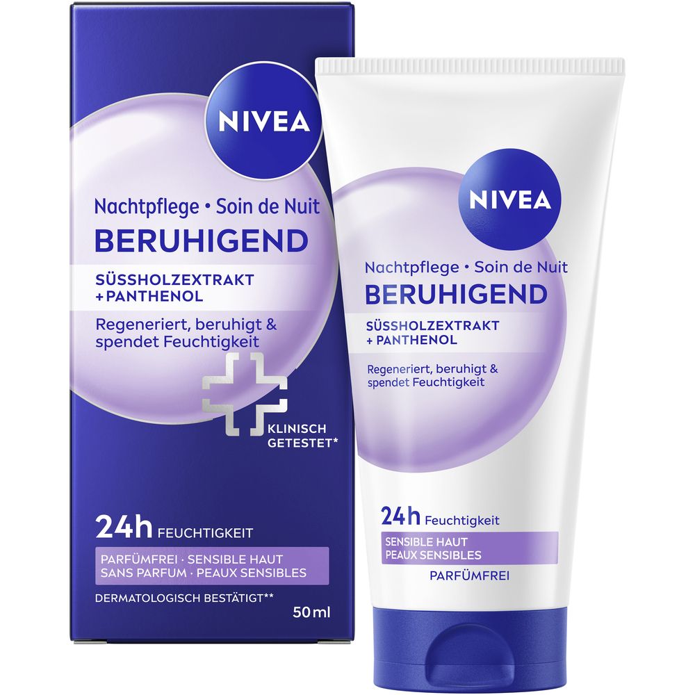 Nivea Beruhigende Nachtpflege 50ml Tube und Faltschachtel mit Süssholzwurzelextrakt und Panthenol.