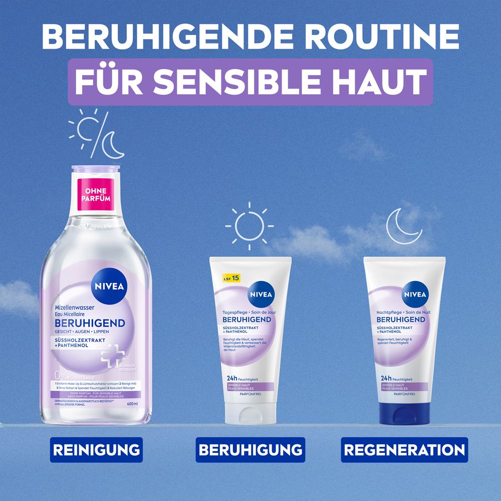 Rückseite der Nivea Beruhigende Nachtpflege Tube mit Details zu Formel, Anwendung und Hautverträglichkeit.