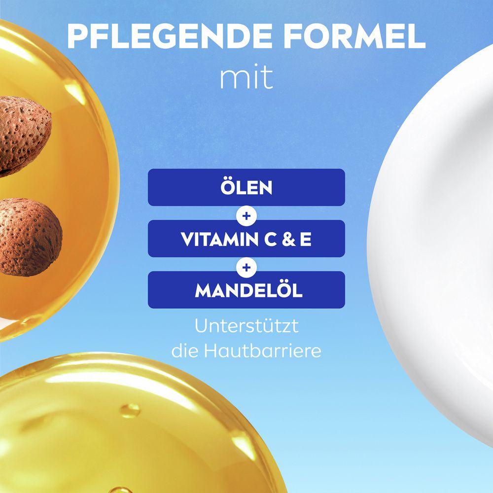 Nahaufnahme von Mandeln und Öl, die die pflegende Formel der NIVEA Creme Soft Pflegedusche darstellen.