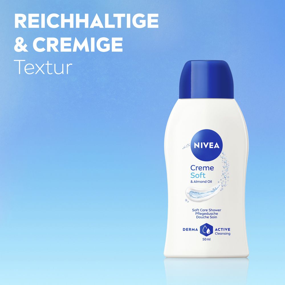 NIVEA Creme Soft Pflegedusche Flasche mit Text über reichhaltige und cremige Textur.