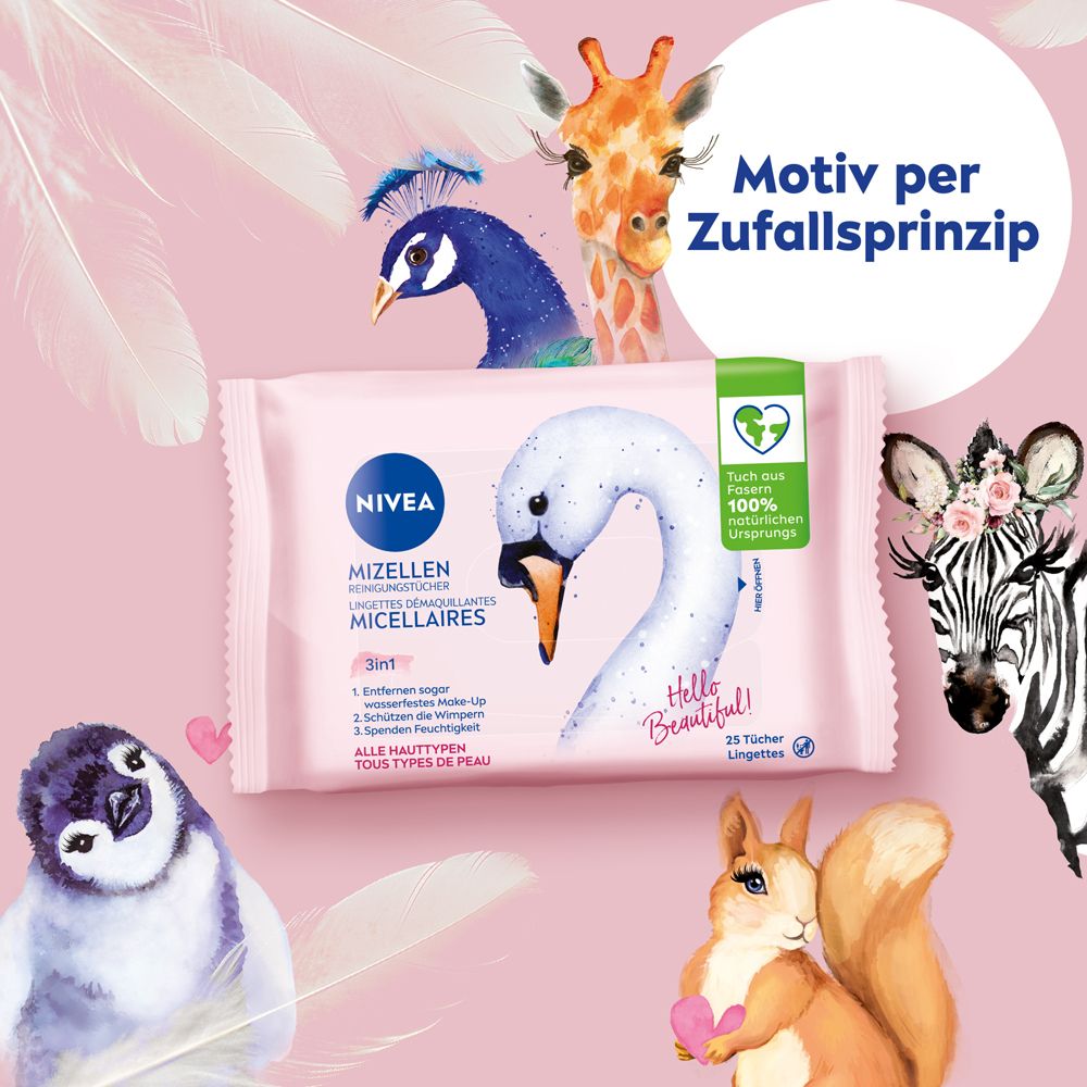NIVEA Mizellen Reinigungstücher 3in1 mit Tiermotiven: Pfau, Giraffe, Pinguin, Eichhörnchen, Zebra.
