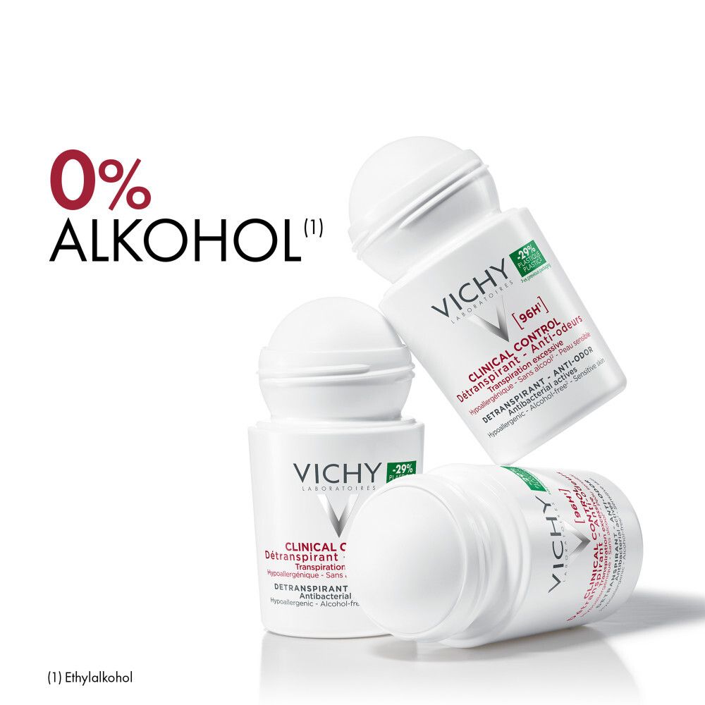 Drei Roll-Ons. Weiß mit rotem Deckel. Text: 0% Alkohol. Produktname und Marke Vichy.