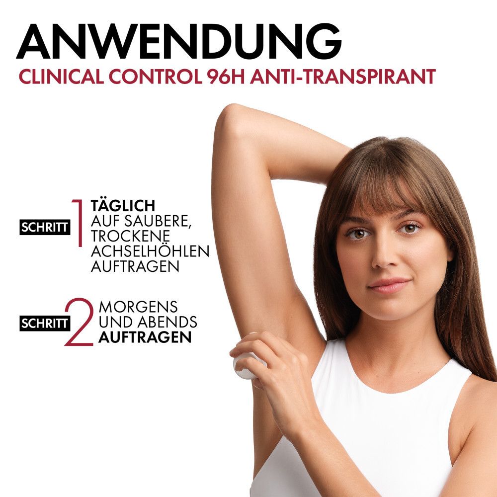 Frau trägt Roll-On auf. Text: Anwendung, Clinical Control 96h. Schritte: 1. Täglich auftragen. 2. Morgens und abends.