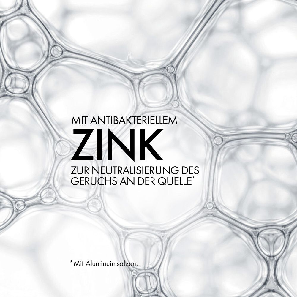 Text: Mit antibakteriellem Zink. Zur Neutralisierung des Geruchs. Hintergrund: Seifenblasen.