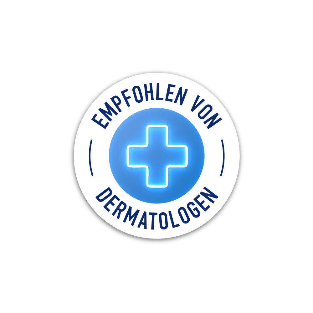 Rundes Logo: Empfohlen von Dermatologen. Blaues Kreuz auf weißem Grund.