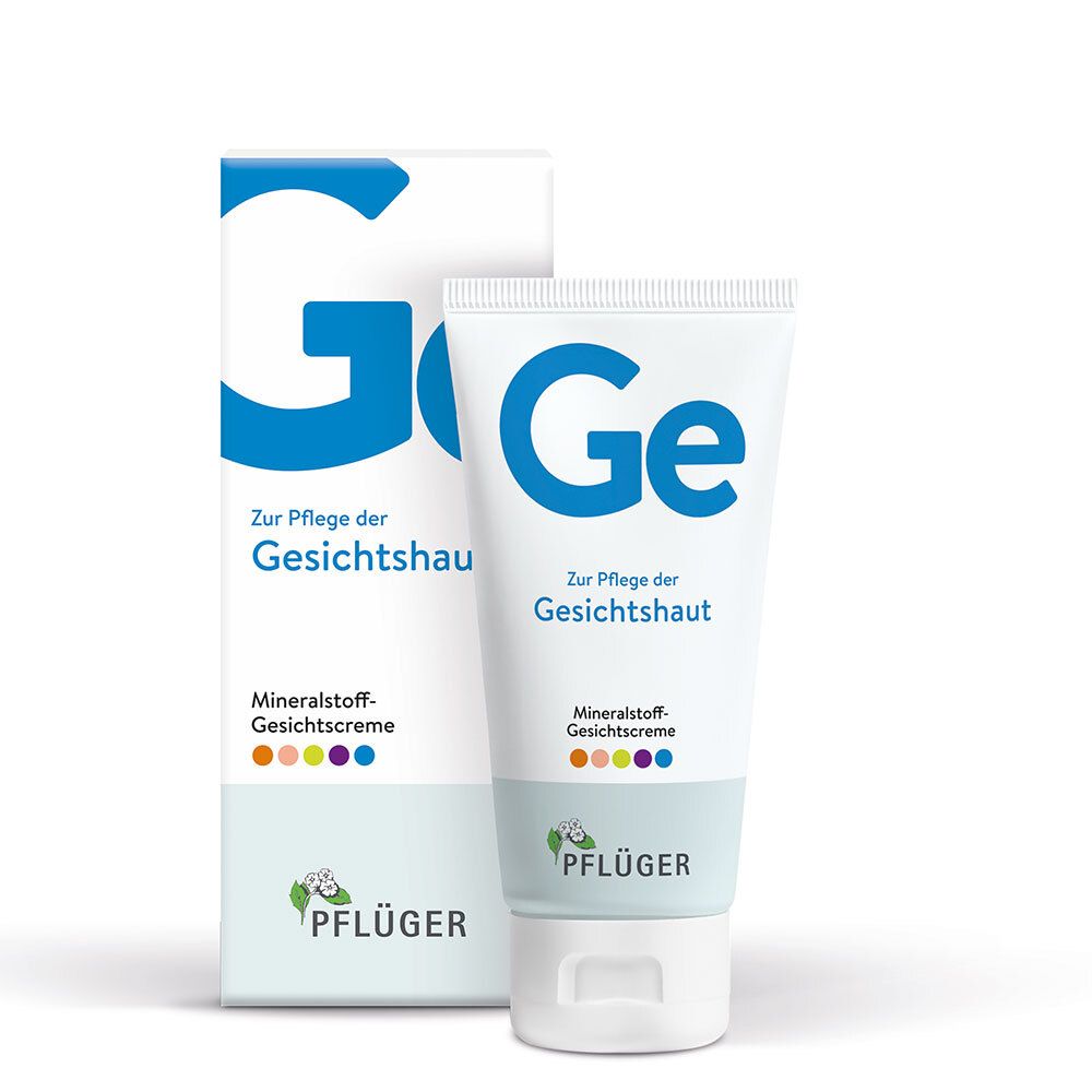 Gesichtscreme-Tube und -Verpackung. Aufschrift: "Ge", "Zur Pflege der Gesichtshaut", "Mineralstoff-Gesichtscreme". Marke: Pflüger.