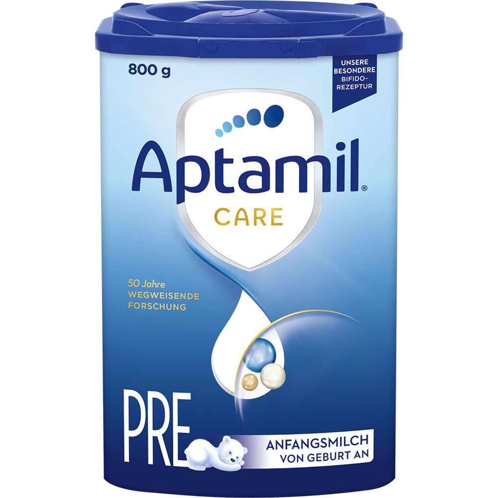 Aptamil Care Pre Anfangsmilch, Dose. Blaue Dose mit weißem Etikett, Produktname und Logo. 800g.