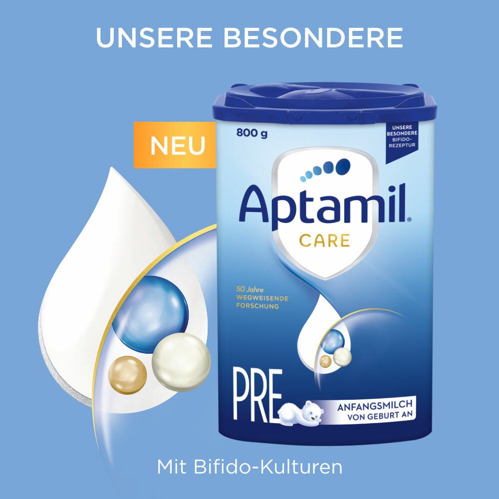 Aptamil Care Pre Anfangsmilch, Dose. Blaue Dose mit weißem Etikett, Produktname und Logo. Neu-Label.