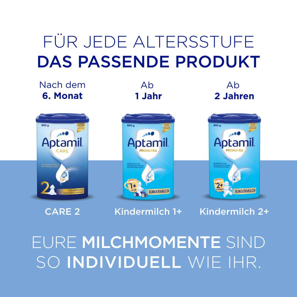 Drei Aptamil-Milchdosen für verschiedene Altersstufen. 2+, 1+ und nach dem 6. Monat. Auf blauem Hintergrund.