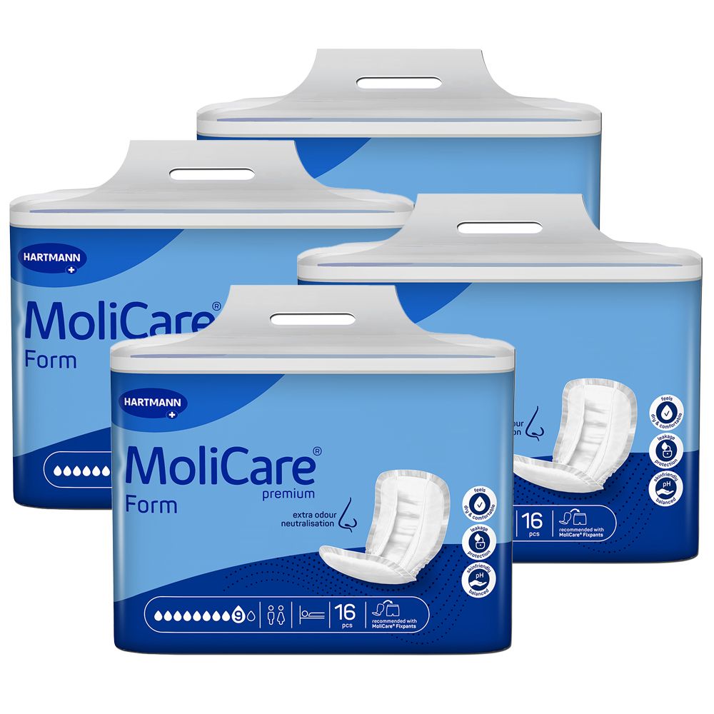 Vier Packungen MoliCare® Form maxi. Blaue Verpackung mit Produktabbildung und 16 Stück pro Packung.
