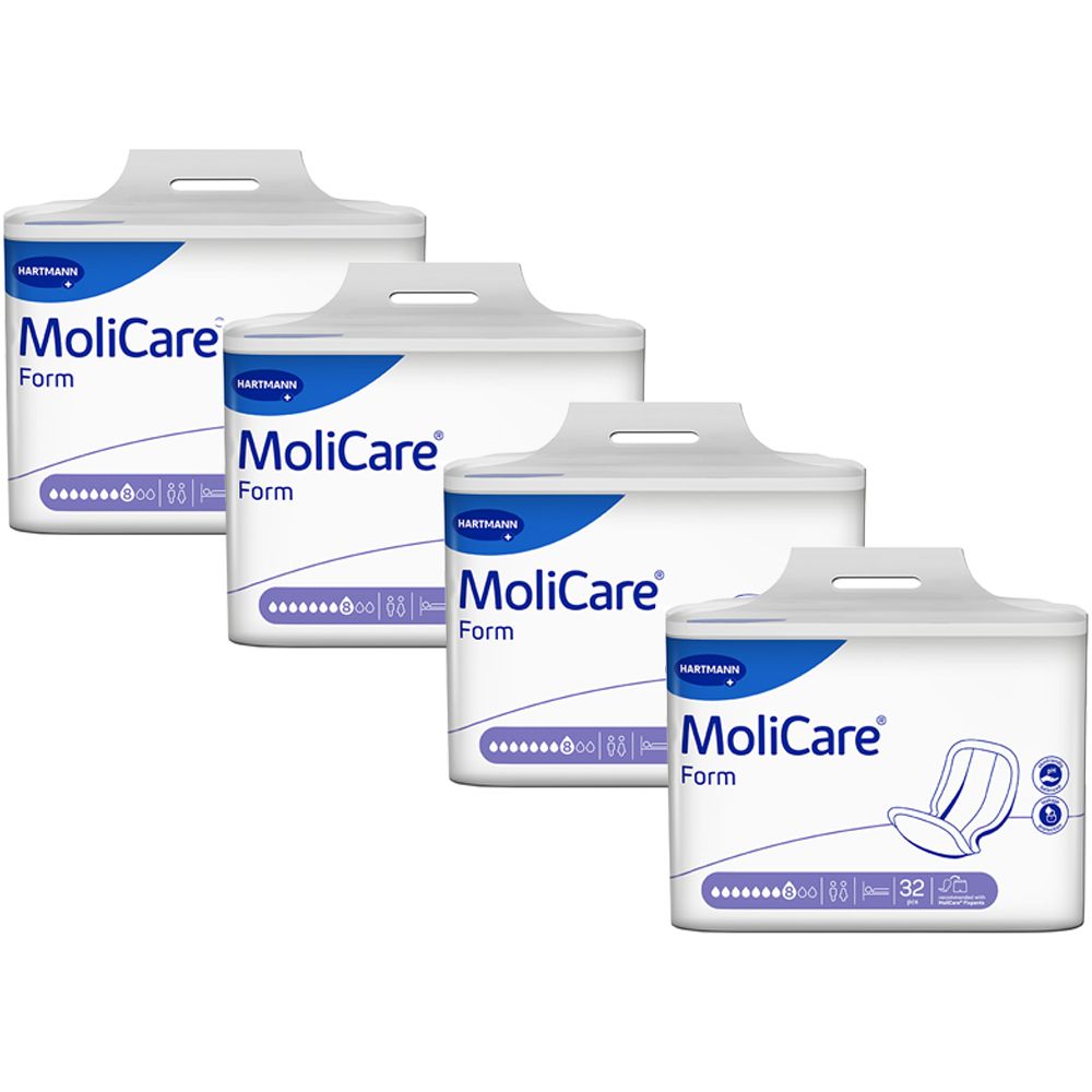 Vier Packungen MoliCare Form. Weiße Verpackung mit blauem Logo und Produktbezeichnung. 32 Stück pro Packung.