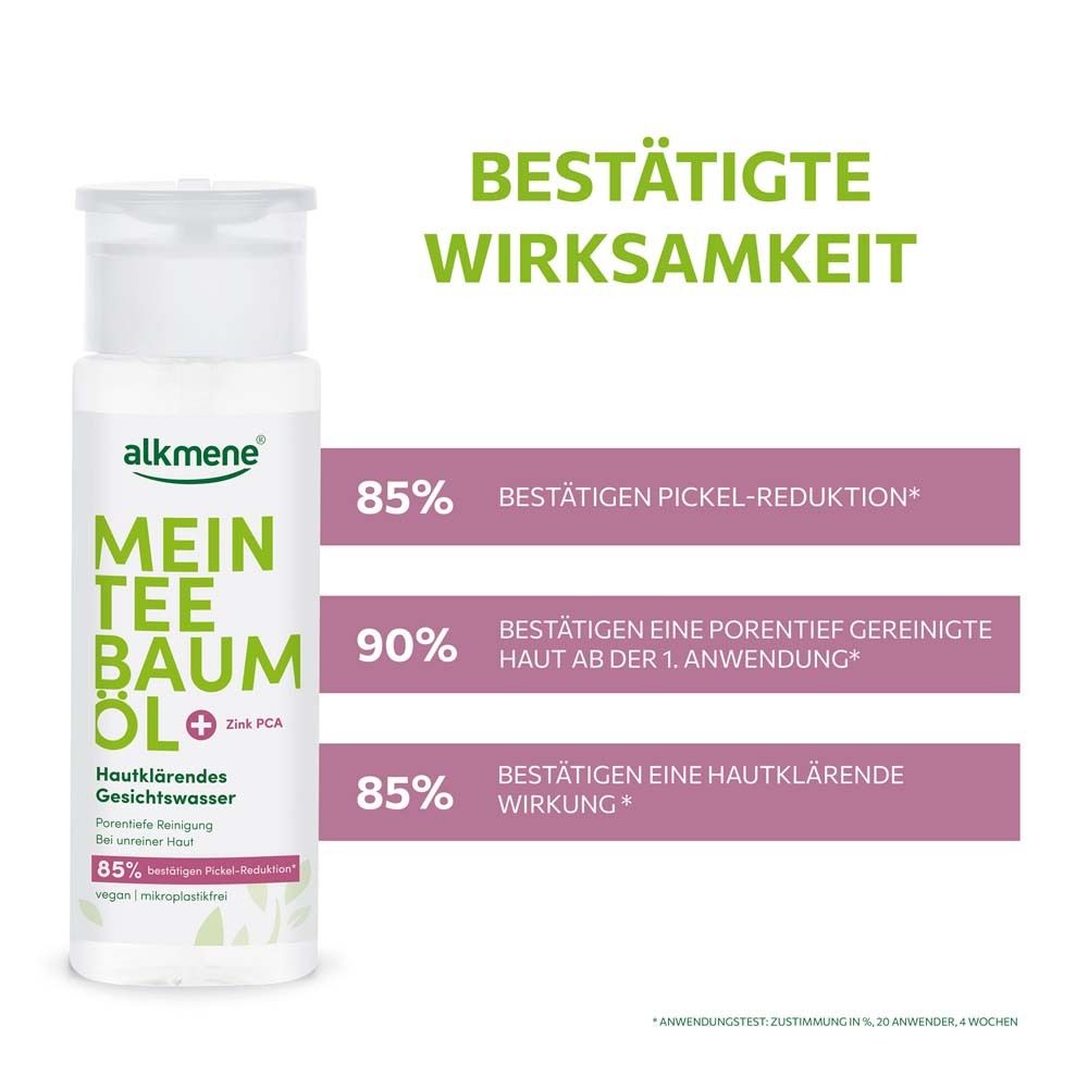 alkmene® Gesichtswasser, Flasche. Text: Bestätigte Wirksamkeit, 85% Pickel-Reduktion.