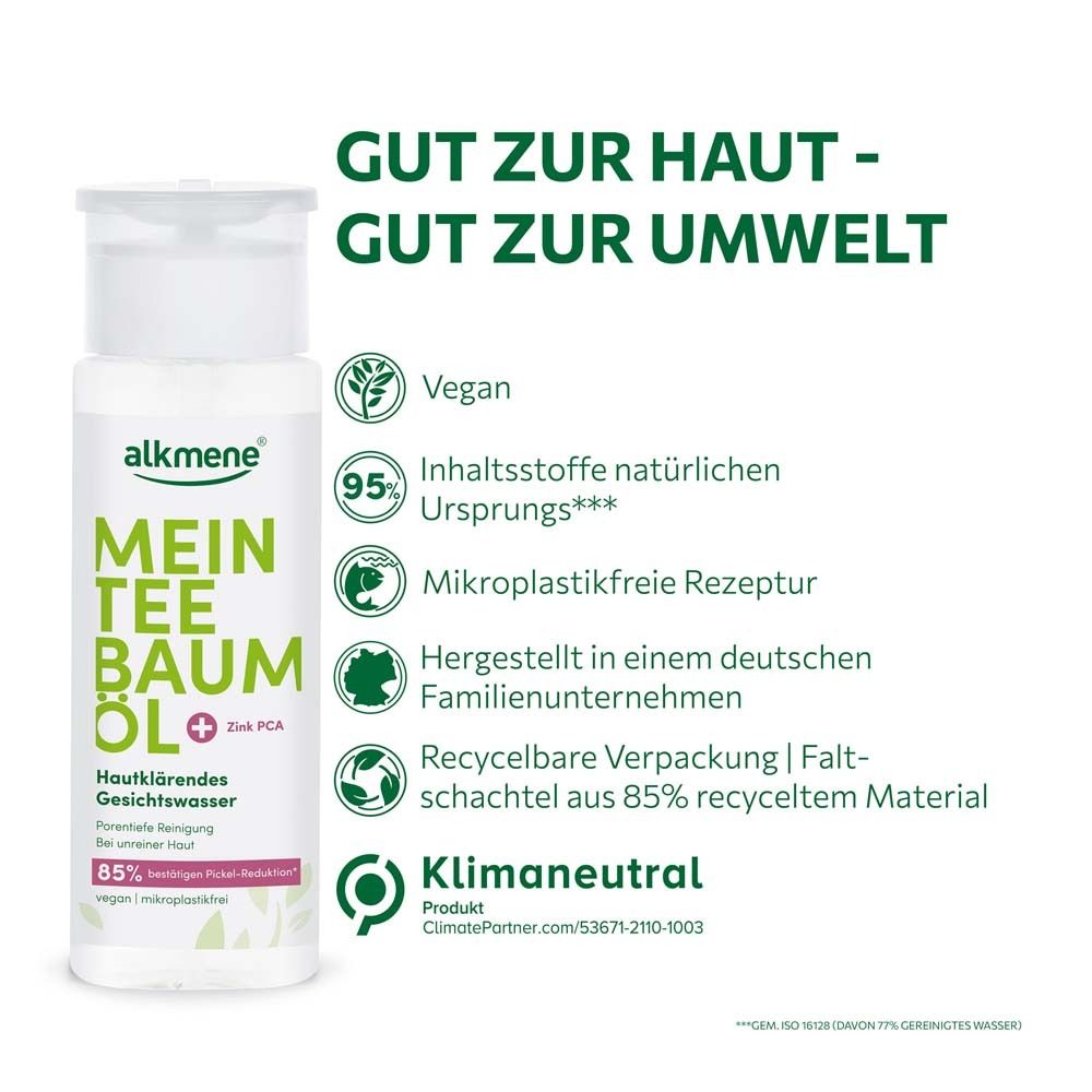 alkmene® Gesichtswasser, Flasche. Text: Gut zur Haut - gut zur Umwelt. Vegan, klimaneutral.