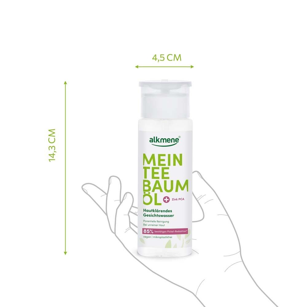 alkmene® Gesichtswasser, Flasche. Maße: 14,3 cm hoch, 4,5 cm breit. In Hand gehalten.