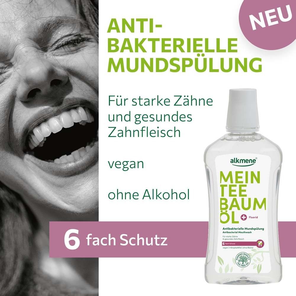 Frau lacht. Aufschrift: Antibakterielle Mundspülung. Für starke Zähne und gesundes Zahnfleisch. Vegan, ohne Alkohol.