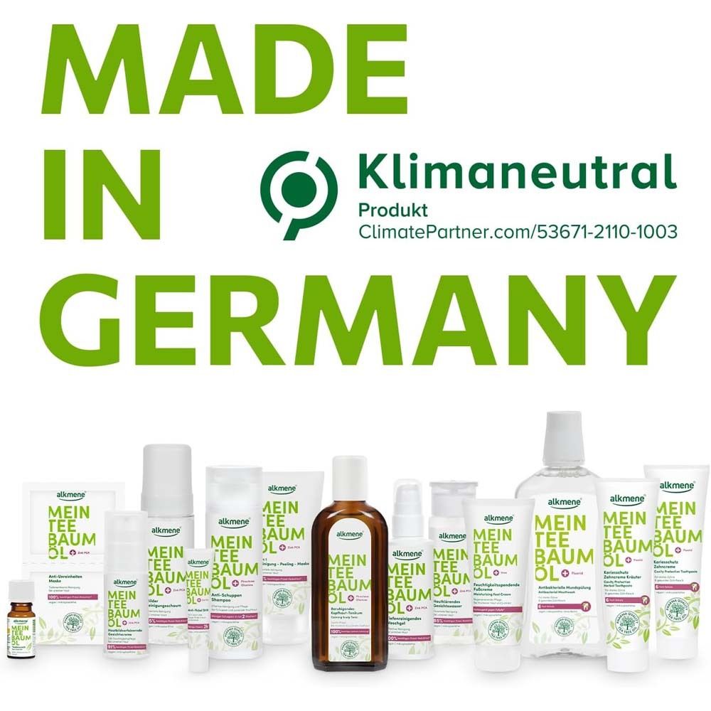Made in Germany. Verschiedene Produkte der Marke alkmene Mein Teebaumöl. Klimaneutral Produkt.