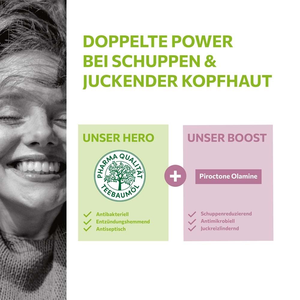 Nahaufnahme eines lächelnden Gesichts. Text: Doppelte Power bei Schuppen & juckender Kopfhaut. Unser Hero + Unser Boost.