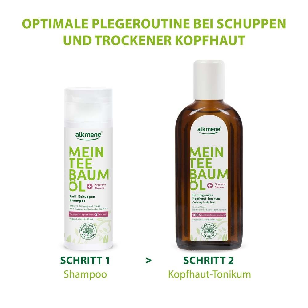 Zwei Flaschen nebeneinander: Shampoo und Kopfhaut-Tonikum. Text: Optimale Pflegeroutine bei Schuppen und trockener Kopfhaut.
