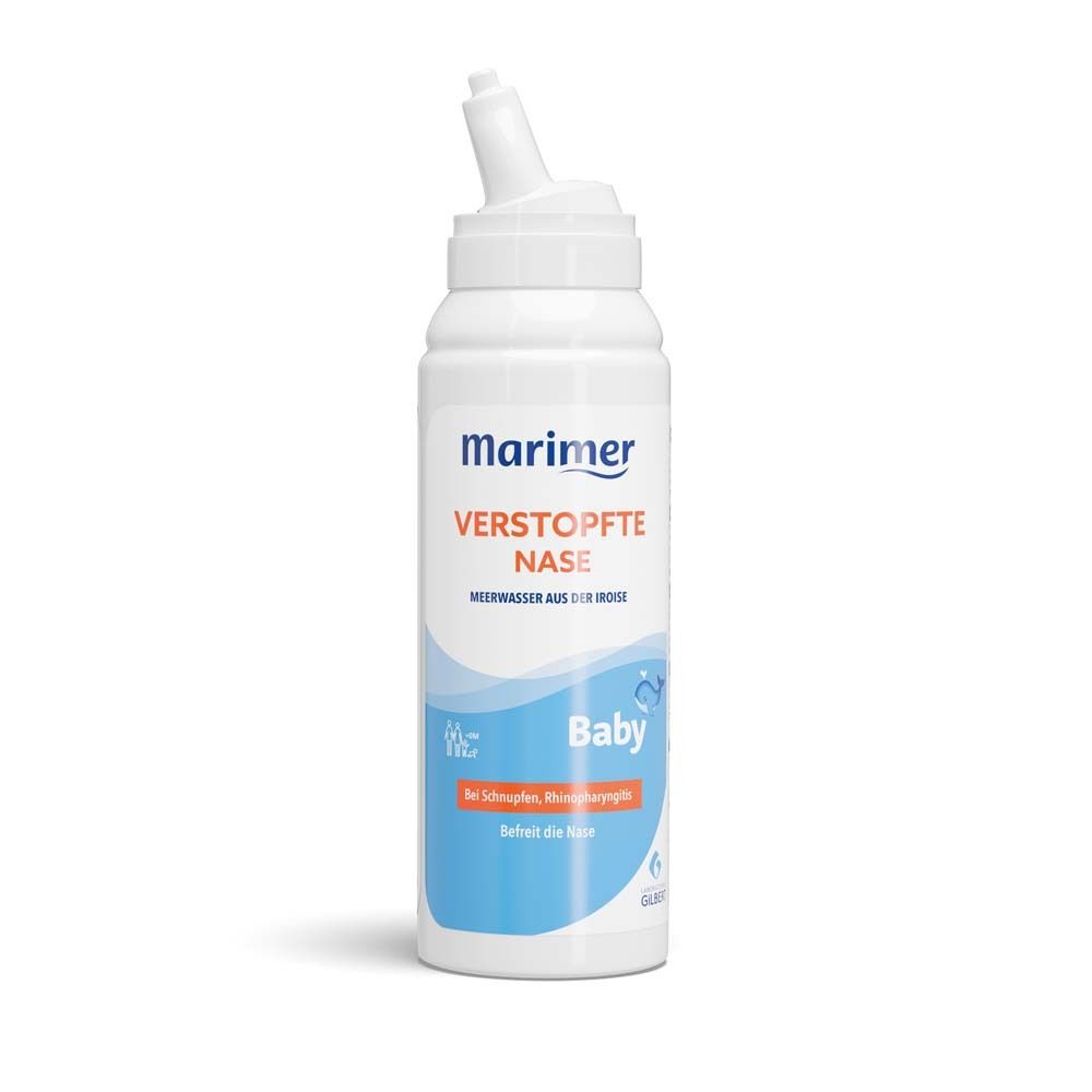 Weiße Flasche Marimer Baby Nasenspray. Für verstopfte Nase. Meerwasser. Sprühkopf.