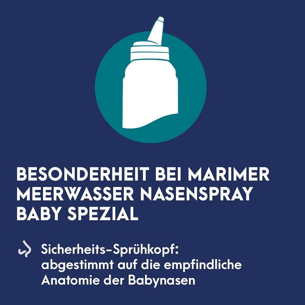 Blauer Hintergrund. Marimer Meerwasser Nasenspray Baby Spezial. Sicherheits-Sprühkopf.