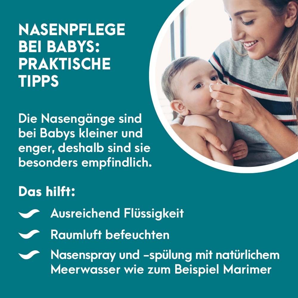 Tipps zur Nasenpflege bei Babys. Baby wird die Nase geputzt. Ausreichend Flüssigkeit, Raumluft befeuchten.