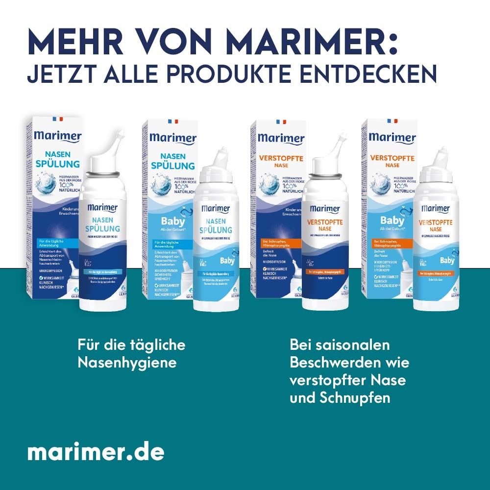 Marimer Produktübersicht. Nasenspülung, Baby, verstopfte Nase. Für tägliche Nasenhygiene.