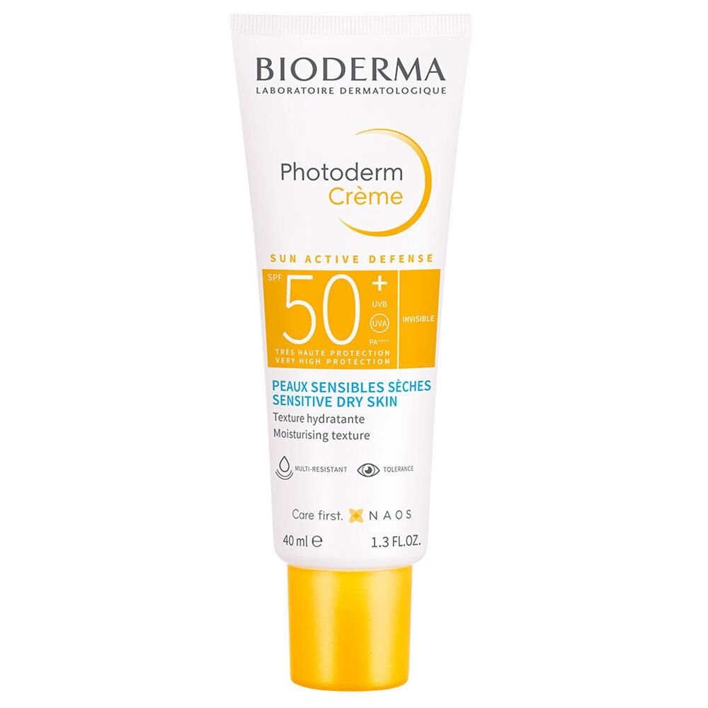 BIODERMA Photoderm Creme LSF 50+ Tube. Weiß, gelb. Text mit Produktinformationen. 40 ml.