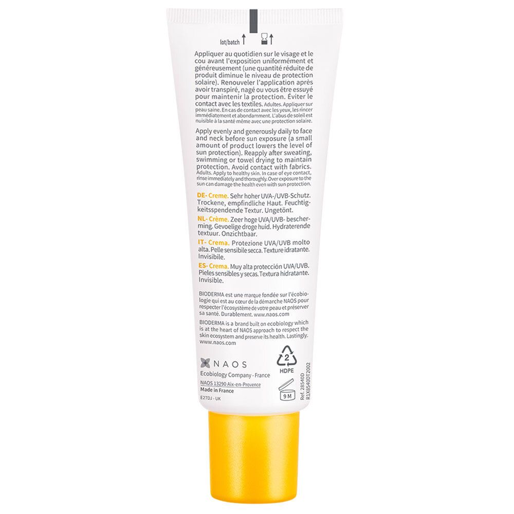 Rückseite der BIODERMA Photoderm Creme LSF 50+ Tube. Text in mehreren Sprachen. Gelber Deckel.