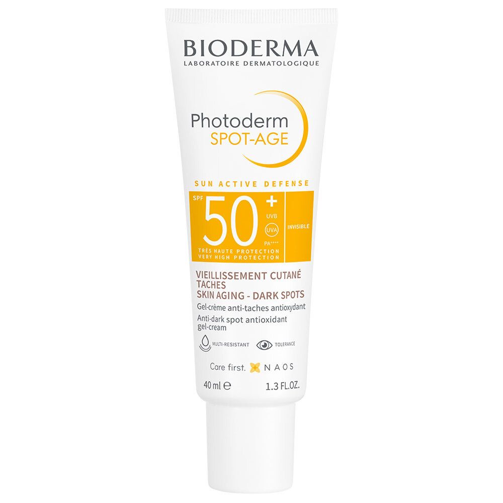 BIODERMA Photoderm SPOT-AGE LSF 50+ Tube. Weiße Tube mit gelbem Etikett. Text und Logo sichtbar.