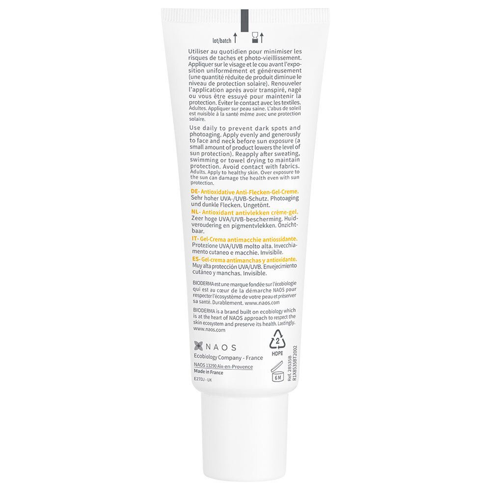 Rückseite der BIODERMA Photoderm SPOT-AGE Tube. Text in mehreren Sprachen.