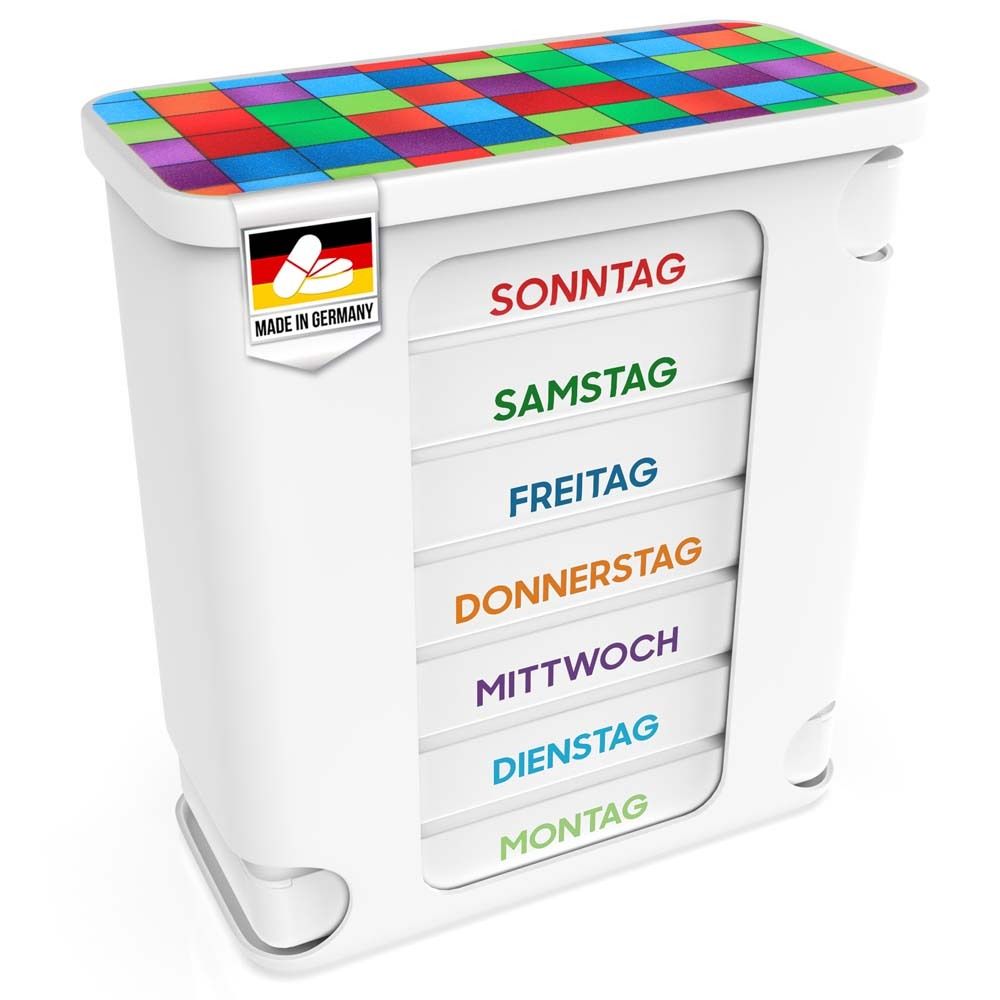 Pillendose mit 7 Fächern. Weiße Box mit farbigem Deckel. Made in Germany. Wochentage beschriftet.