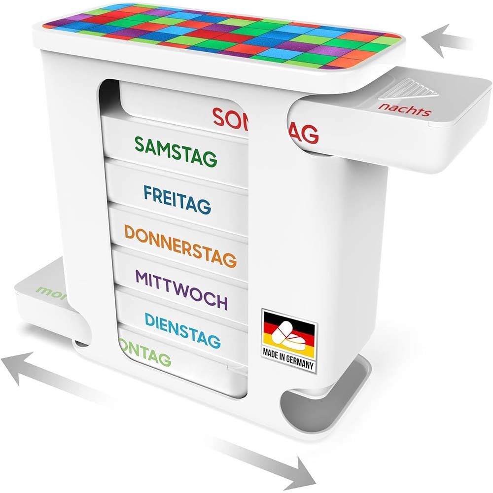 Pillendose mit 7 Fächern. Weiße Box mit farbigem Deckel. Schublade mit 4 Fächern. Made in Germany.