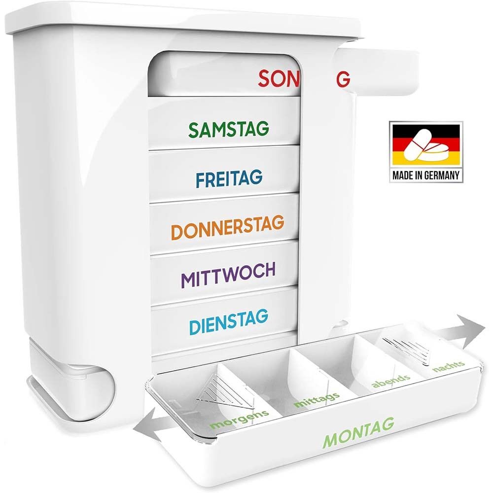 Pillendose mit 7 Fächern. Weiße Box mit farbigem Deckel. Schublade mit 4 Fächern. Made in Germany.