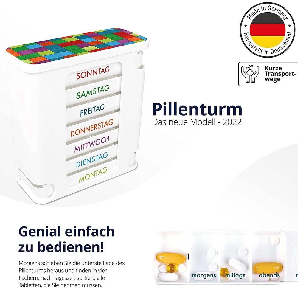 Pillendose mit 7 Fächern. Weiße Box mit farbigem Deckel. Text: Pillenturm. Einfache Bedienung.