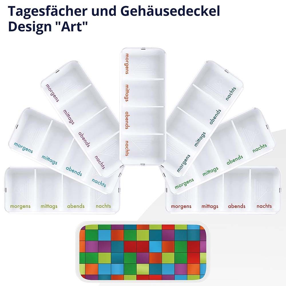 Pillendose mit 7 Fächern. Weiße Box mit farbigem Deckel. Einzelne Schubladen mit 4 Fächern.