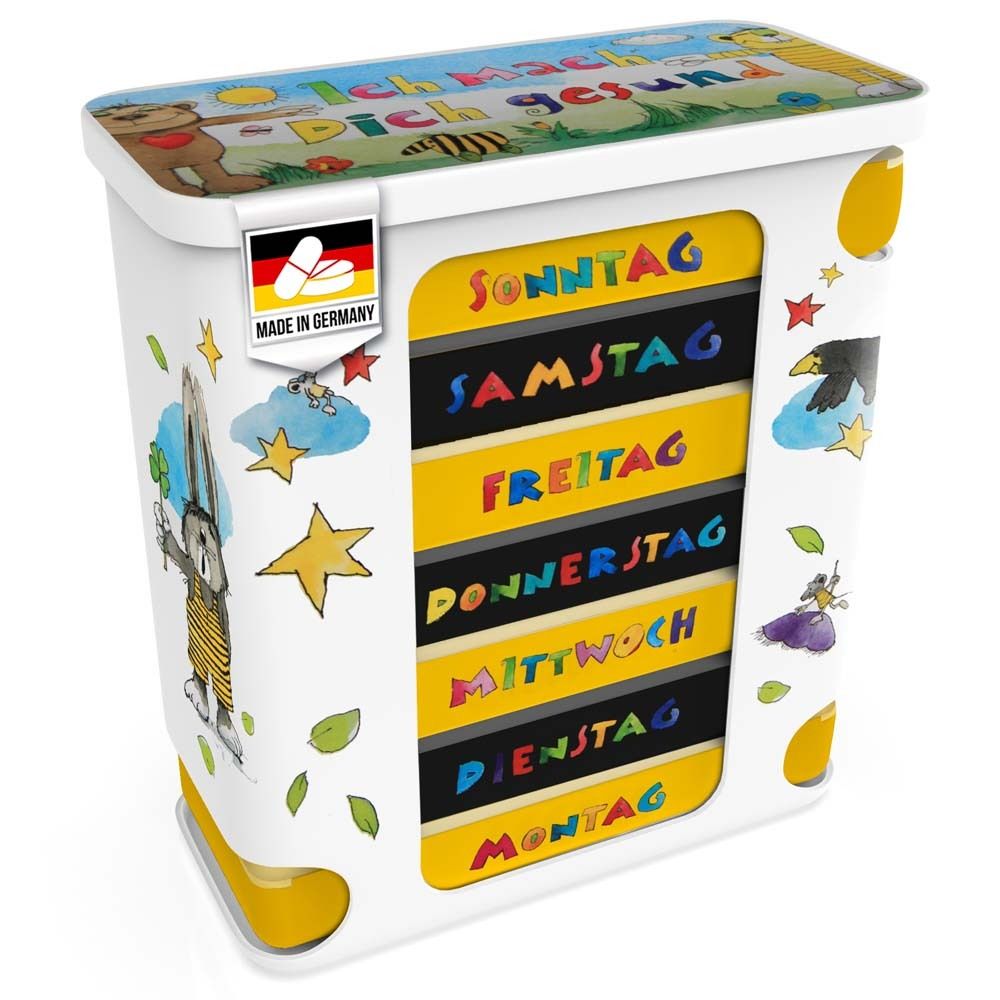 Pillendose mit 7 Fächern, gelb-schwarz, mit Wochentagen. Deckel mit Aufdruck. Made in Germany.