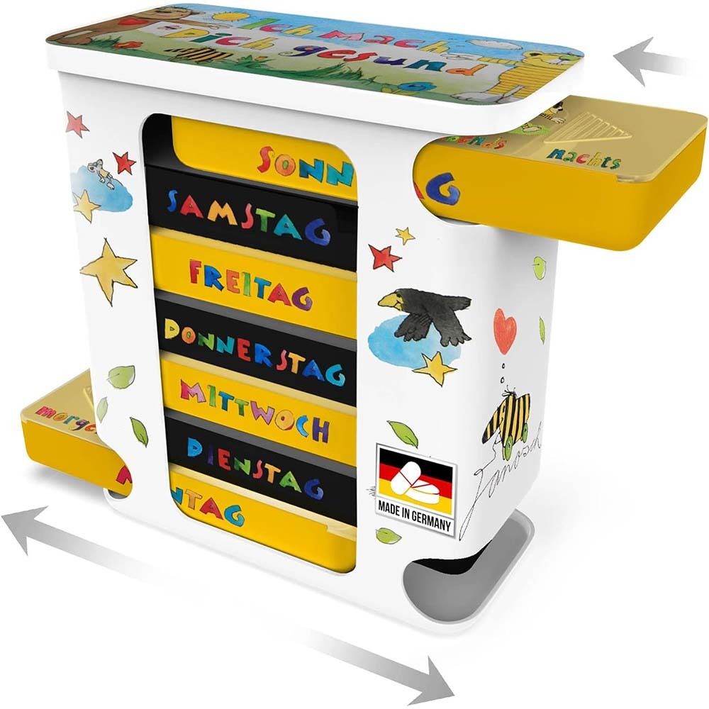 Pillendose mit 7 Fächern, gelb-schwarz, mit Wochentagen. Deckel und Fach herausgezogen. Made in Germany.