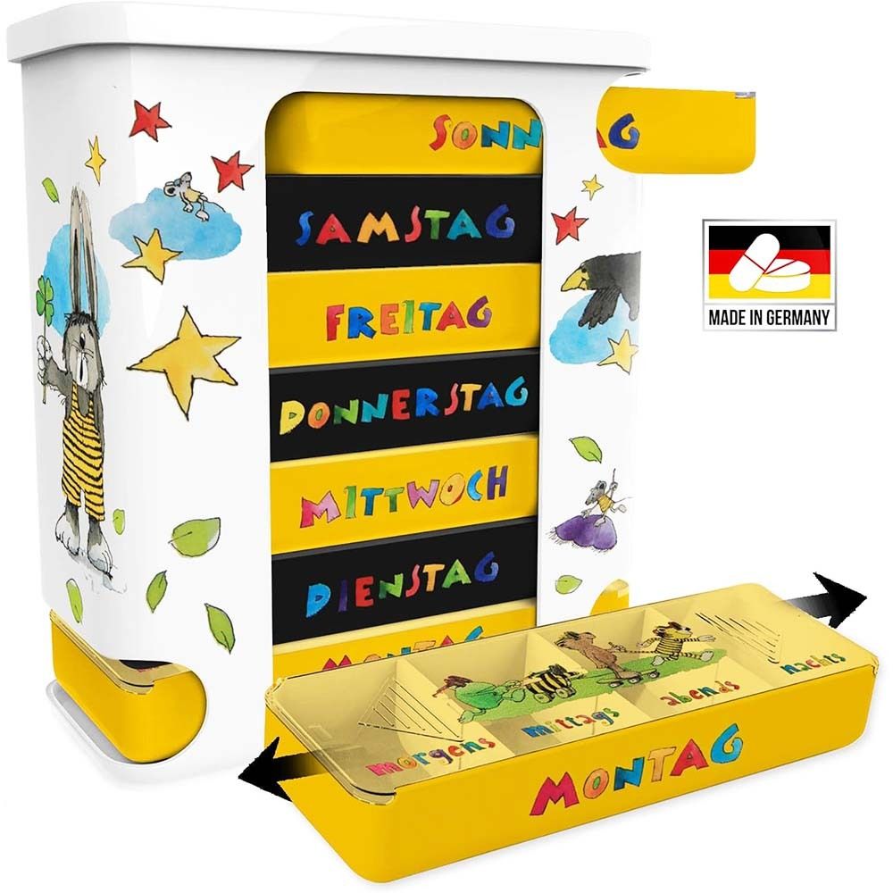 Pillendose mit 7 Fächern, gelb-schwarz, mit Wochentagen. Fach für Montag herausgezogen. Made in Germany.