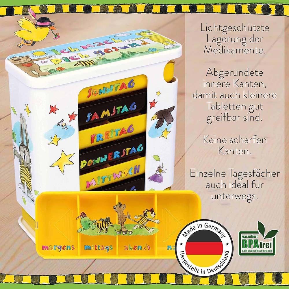 Pillendose mit 7 Fächern, gelb-schwarz, mit Wochentagen. Fach für Montag herausgezogen. BPA-frei. Made in Germany.