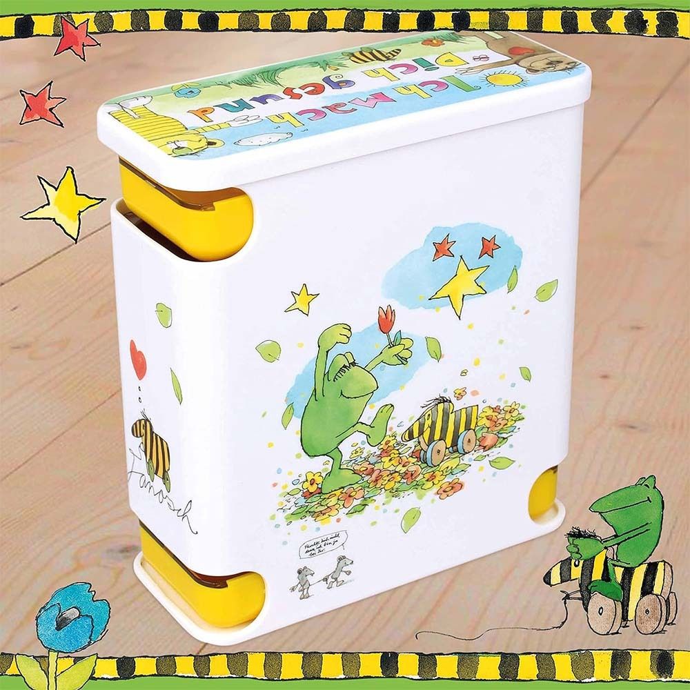 Pillendose mit 7 Fächern, gelb-schwarz, mit Wochentagen. Gelbe Fächer, Deckel mit Aufdruck. Made in Germany.