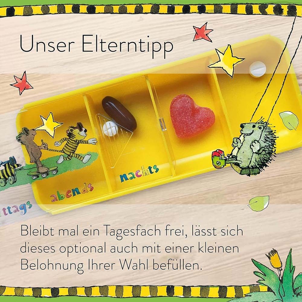 Gelbes Fach mit 4 Unterteilungen. Enthält Tabletten und Gummibärchen. Mit Aufdruck. Unser Elterntipp.