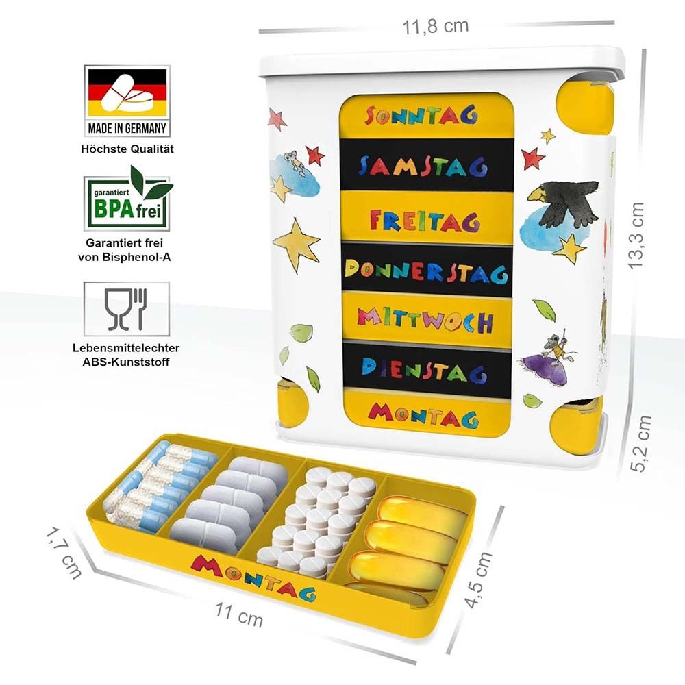Pillendose mit 7 Fächern, gelb-schwarz, mit Wochentagen. Fach für Montag geöffnet. Maße.