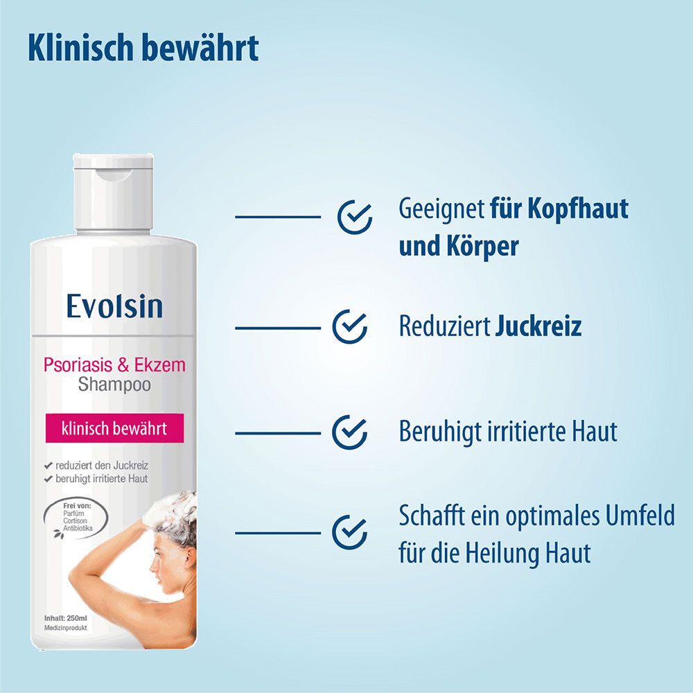 Evolsin® Ekzem & Psoriasis Shampoo bei Schuppenflechte, Ekzemen &Neurodermitis auf kopfhaut & Körper I OHNE KORTISON I Medizinprodukt I Bei Neurodermitis & Schuppenflechte Kopfhaut