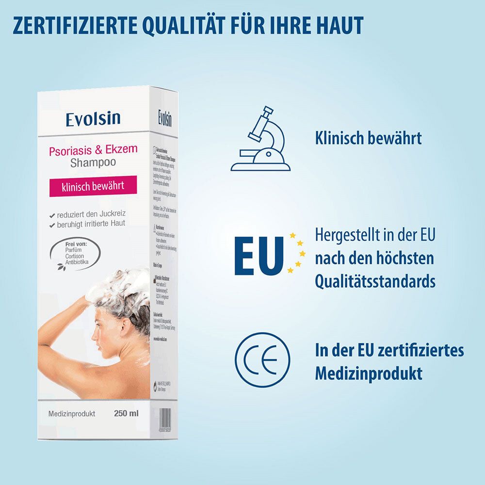 Evolsin® Ekzem & Psoriasis Shampoo bei Schuppenflechte, Ekzemen &Neurodermitis auf kopfhaut & Körper I OHNE KORTISON I Medizinprodukt I Bei Neurodermitis & Schuppenflechte Kopfhaut