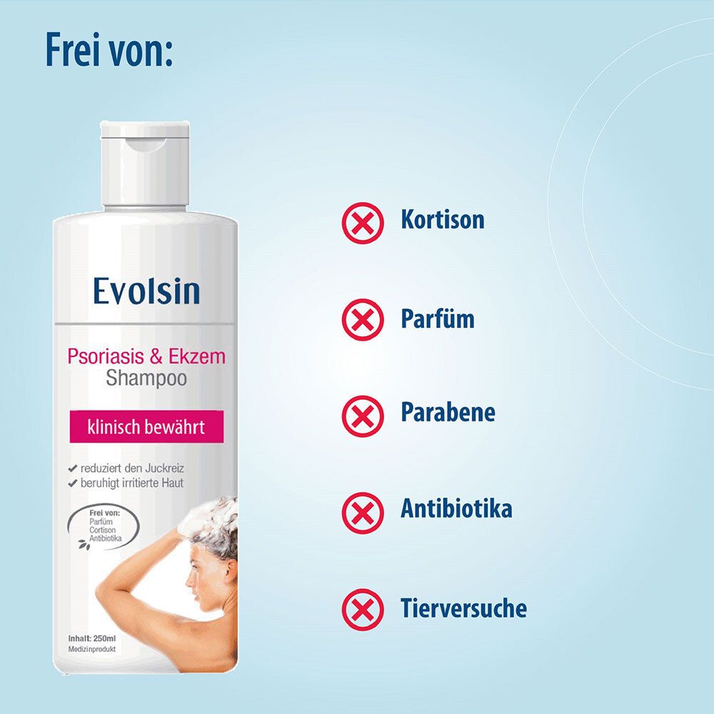 Evolsin® Ekzem & Psoriasis Shampoo bei Schuppenflechte, Ekzemen &Neurodermitis auf kopfhaut & Körper I OHNE KORTISON I Medizinprodukt I Bei Neurodermitis & Schuppenflechte Kopfhaut