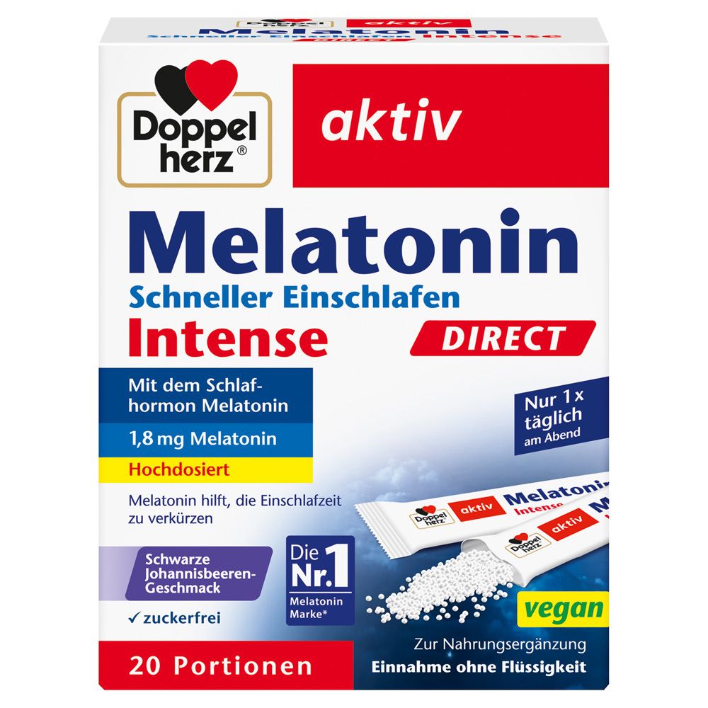 Verpackung von Doppelherz aktiv Melatonin. Rote und weiße Schachtel mit Produktnamen und Logo. 20 Portionen.