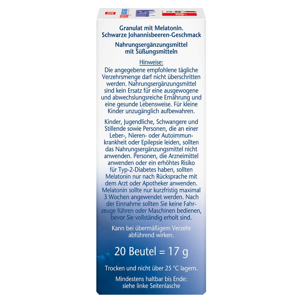Rückseite der Doppelherz aktiv Melatonin Verpackung. Hinweise zur Anwendung und Lagerung. 20 Beutel, 17 g.