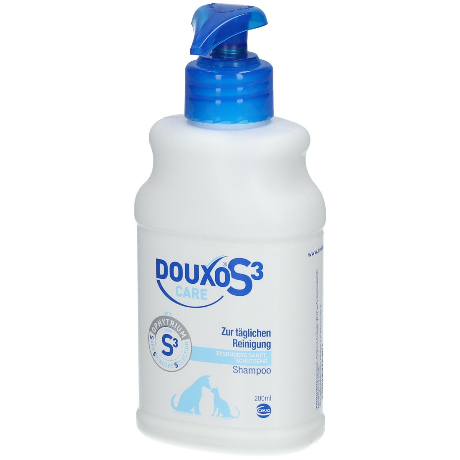 Weiße Flasche mit blauem Pumpkopf. Aufschrift DOUXO S3 CARE, S3, Shampoo. Illustration von Hund und Katze.