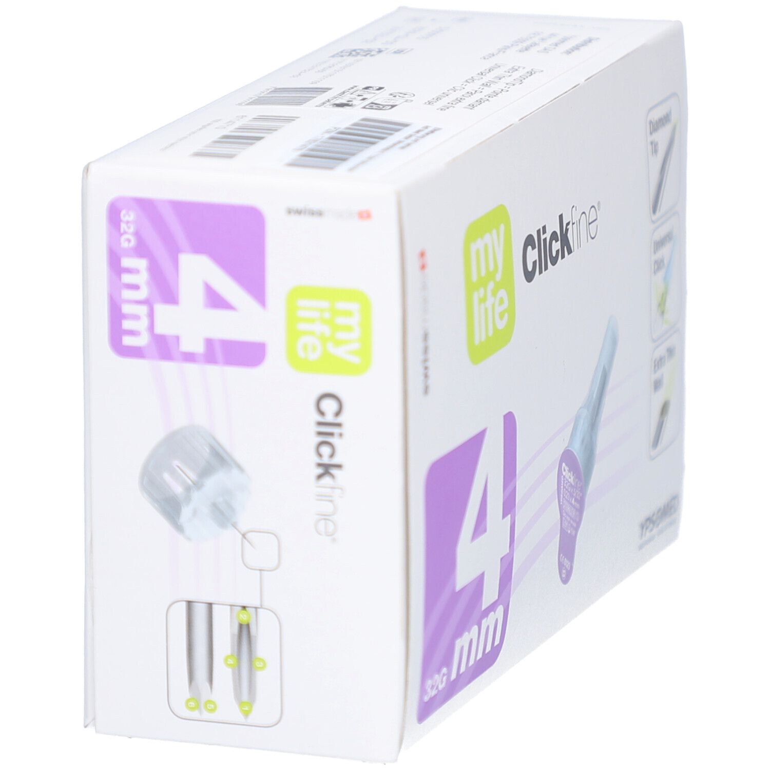 Verpackung von mylife Clickfine Pen-Nadeln 4 mm 32G. Aufdrucke: mylife, Clickfine, 4 mm, 32G. Abbildungen: Nadel und Anwendungshinweise.
