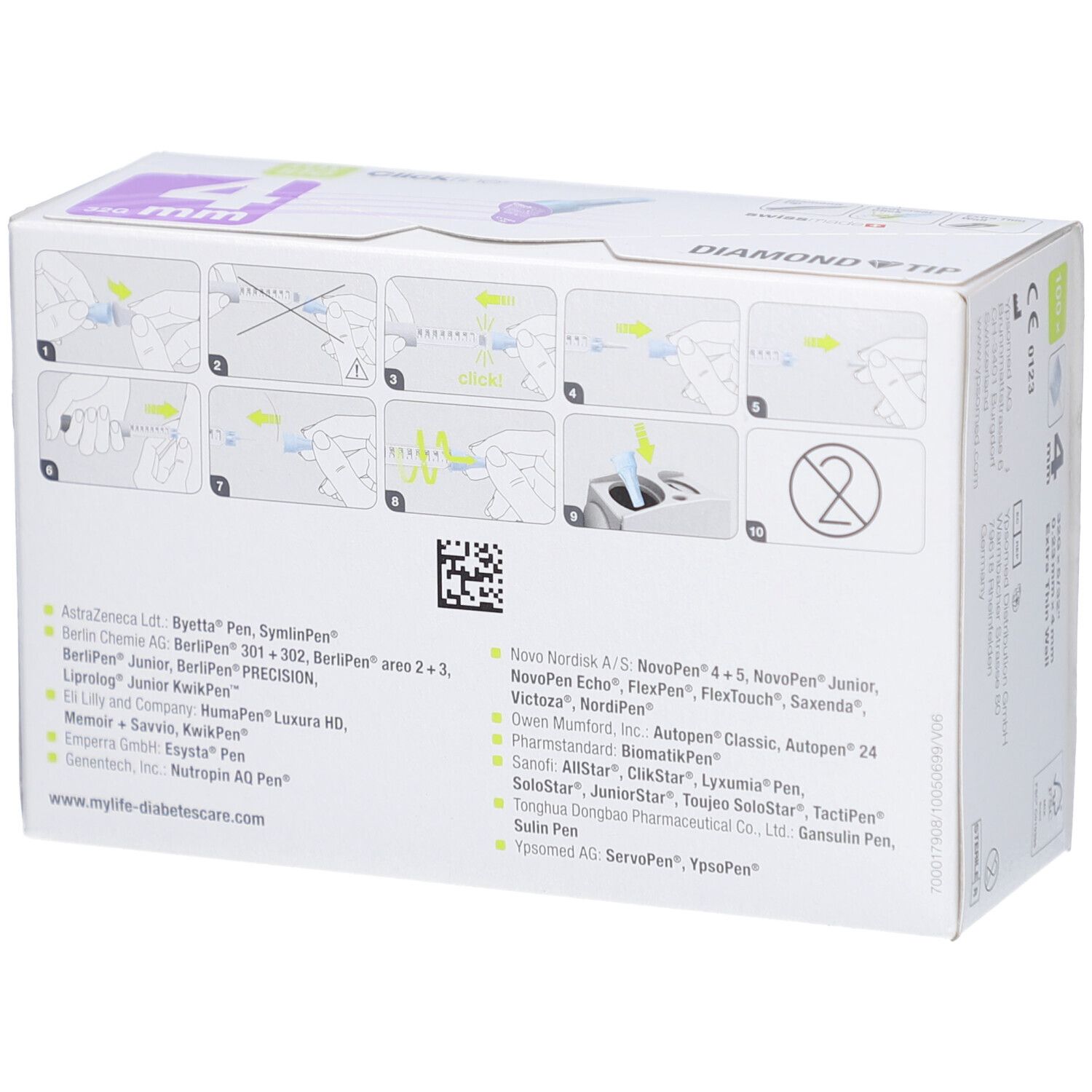 Rückseite der Verpackung von mylife Clickfine Pen-Nadeln. Abbildungen: Anwendungshinweise und Liste kompatibler Pen-Systeme.